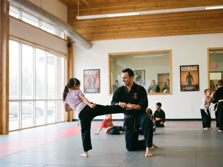 Kids learning martial arts in a supportive gym environment